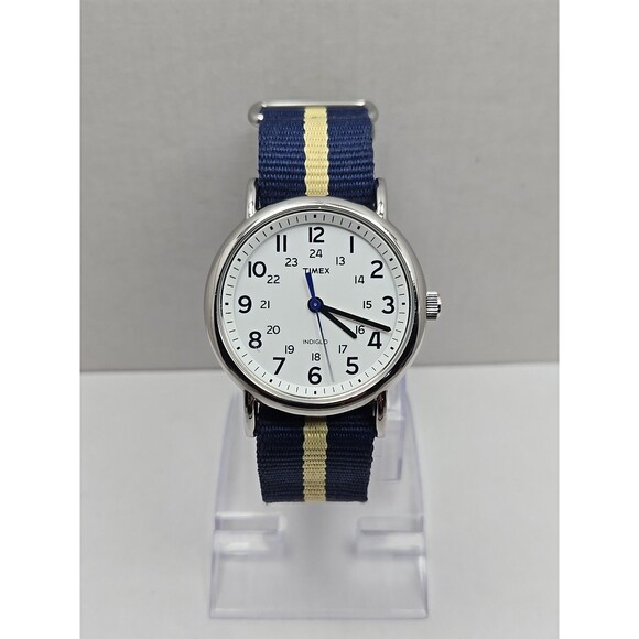 Timex Weekender 38mm Indiglo Watch Blue Yellow Nylon Strap Quartz New Battery - Picture 1 of 11